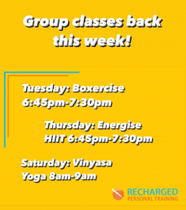 a list of the exercise classes at Recharged Personal Training