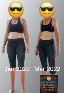 a woman in gym gear in january and then in march